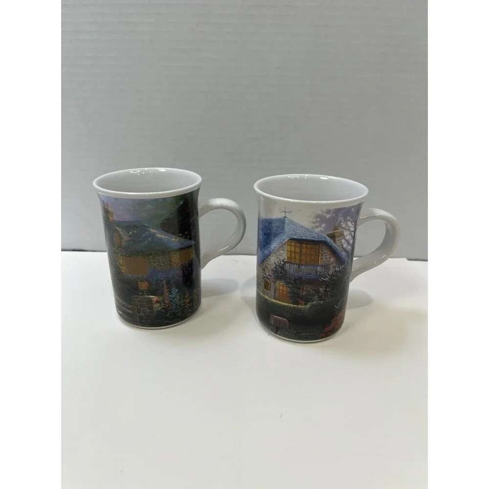2 Thomas Kinkade Hollyhock House Lilac Cottage 2004 Mugs Coffee Ceramic